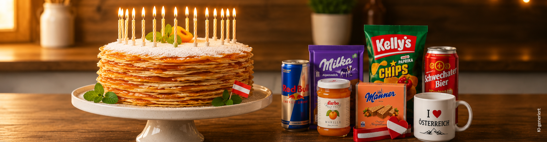 Palatschinkentorte mit Kerzen und österreichischen Produkten