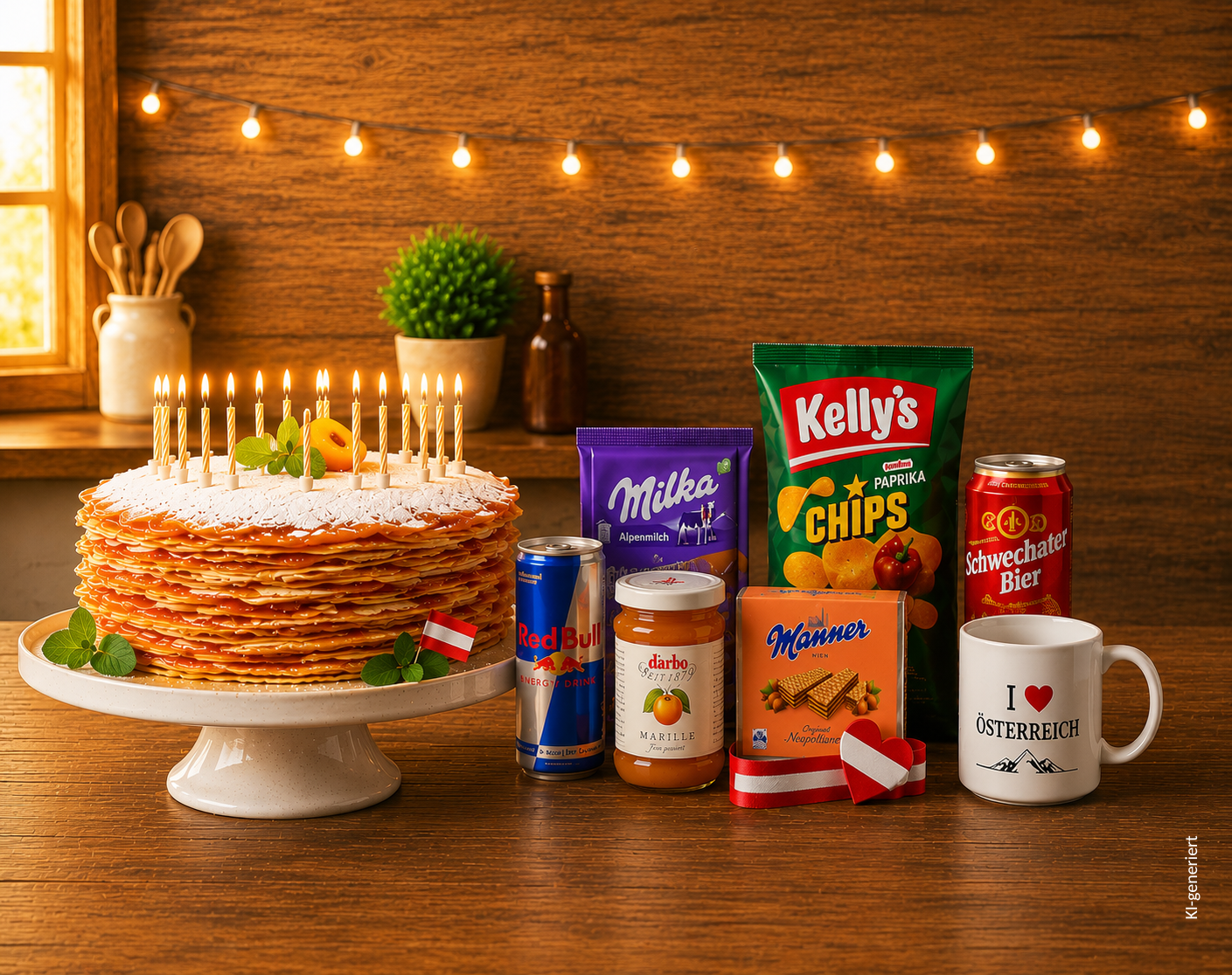 Palatschinkentorte mit Kerzen und österreichischen Produkten