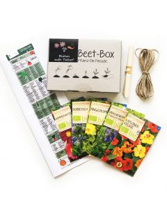 Bio Beet Box - Blüten aufs Teller - Saatgut Set inklusive Pflanzkalender und Zubehör - Geschenkidee für Hobbygärtner