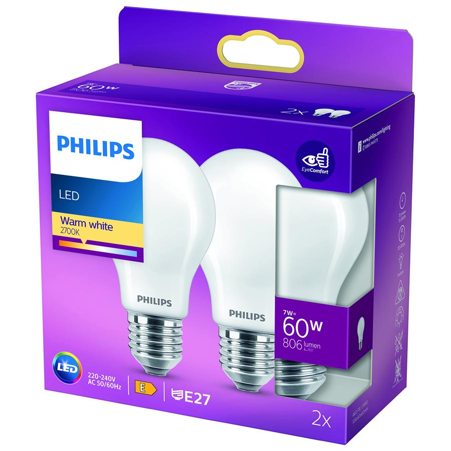 LED Classic E27 60W, matt, 2 pieces, by Philips