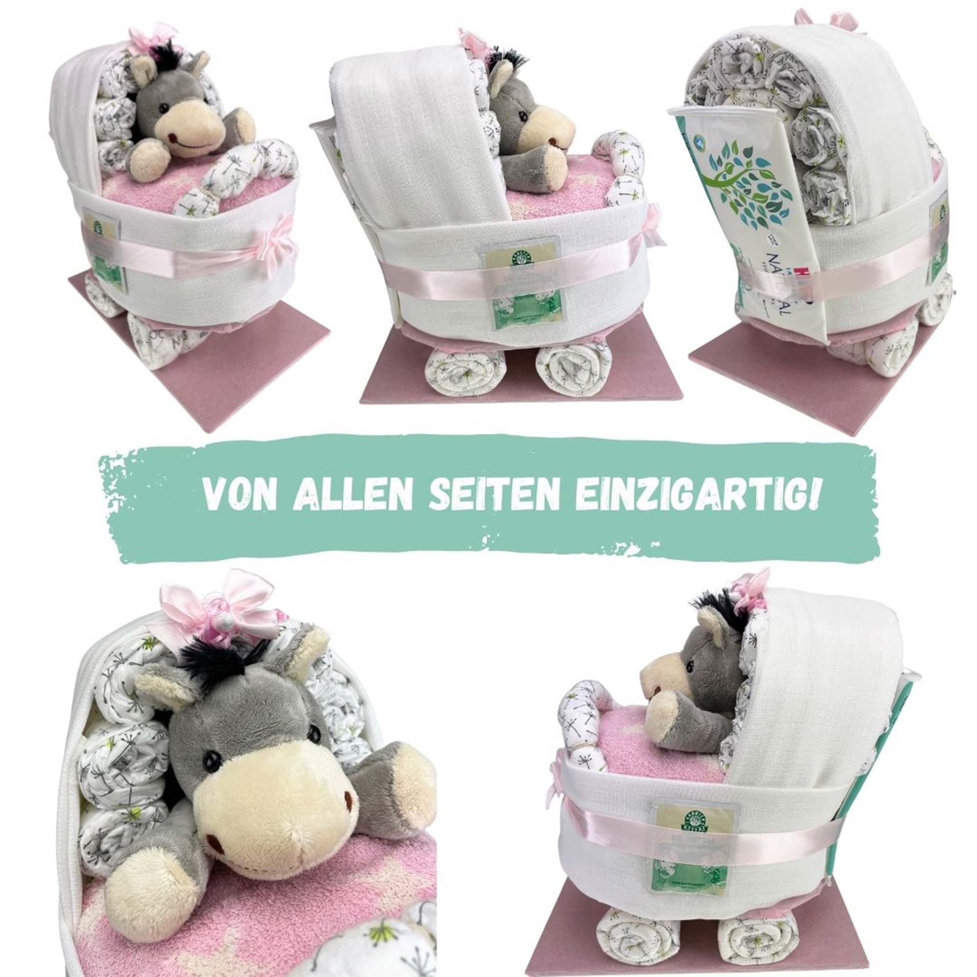 Windeltorte Windelkinderwagen in Rosa mit Esel - Perfektes Geschenk zur  Geburt von Windeltorte online bestellen